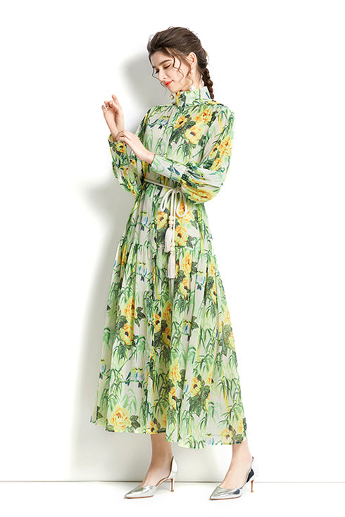 Elegant Floral Print Long Party Maxi Dress For Women, Mock Neck, Lantern Sleeve Renaissance Formal and Evening Vestidos